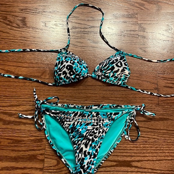 Animal print mirror studs sexy STRING bikini 2 piece swimsuit both pieces S - Picture 1 of 14